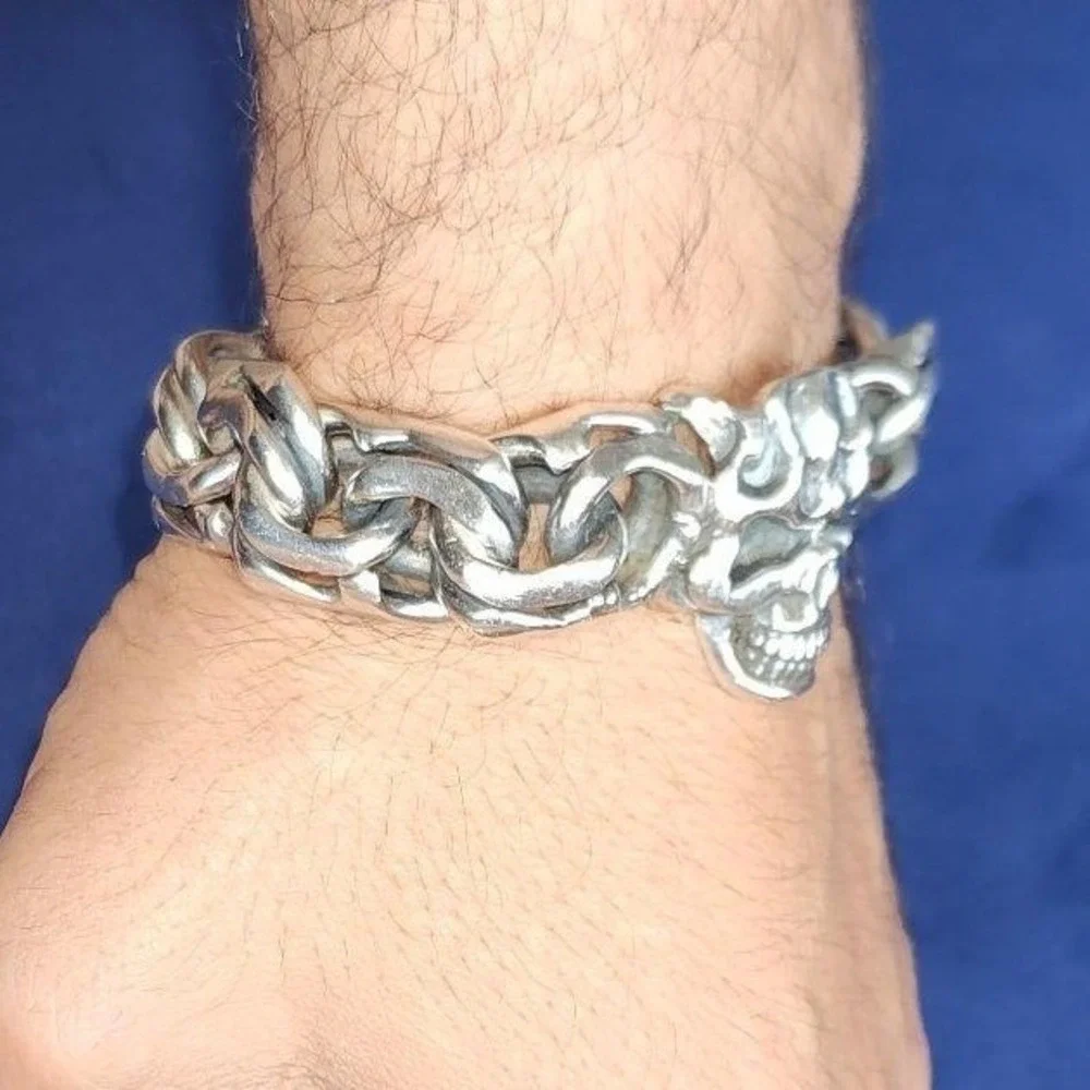 Silver 925 Skull Link Bracelet Mens Gothic Biker Heavy Chain 9 Inch